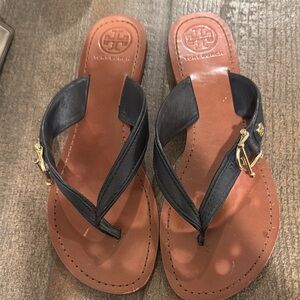 Tory Burch Black and Brown Leather Flip Flops